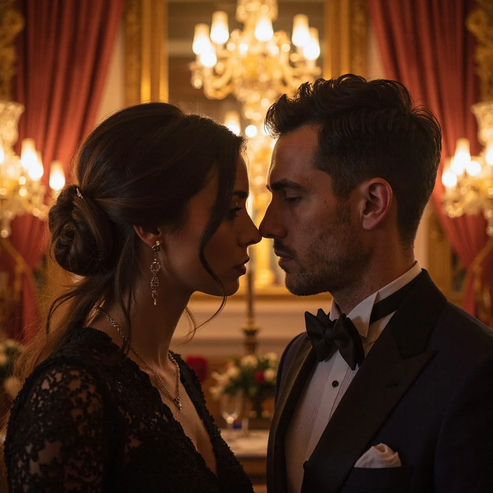 Stylized romantic scene: couple in evening wear, in-game art from Love Dynasty